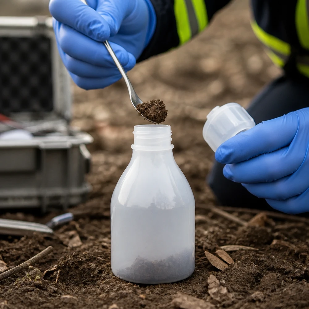 Próbkę gleby nabiera się łyżką i umieszcza w białej butelce z zakrętką o pojemności 30 ml, przeznaczonej do analizy środowiskowej