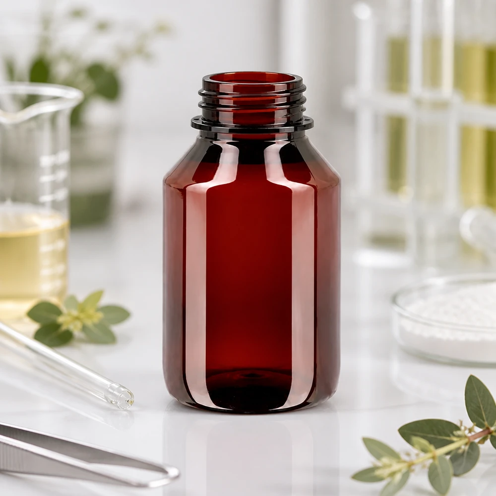 Butelka PET chroniąca przed światłem, 50 ml, brązowa, z zielonym zamknięciem OV, przeznaczona do płynów wrażliwych na promieniowanie UV