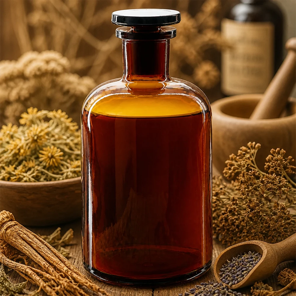 Okrągła butelka na ramię 500 ml z brązową wąską szyjką i szklanym korkiem Butelka z brązowego szkła o zaokrąglonych ramionach, pojemność 500 ml, z wąską szyjką i korkiem, otoczona ziołami leczniczymi i produktami naturalnymi