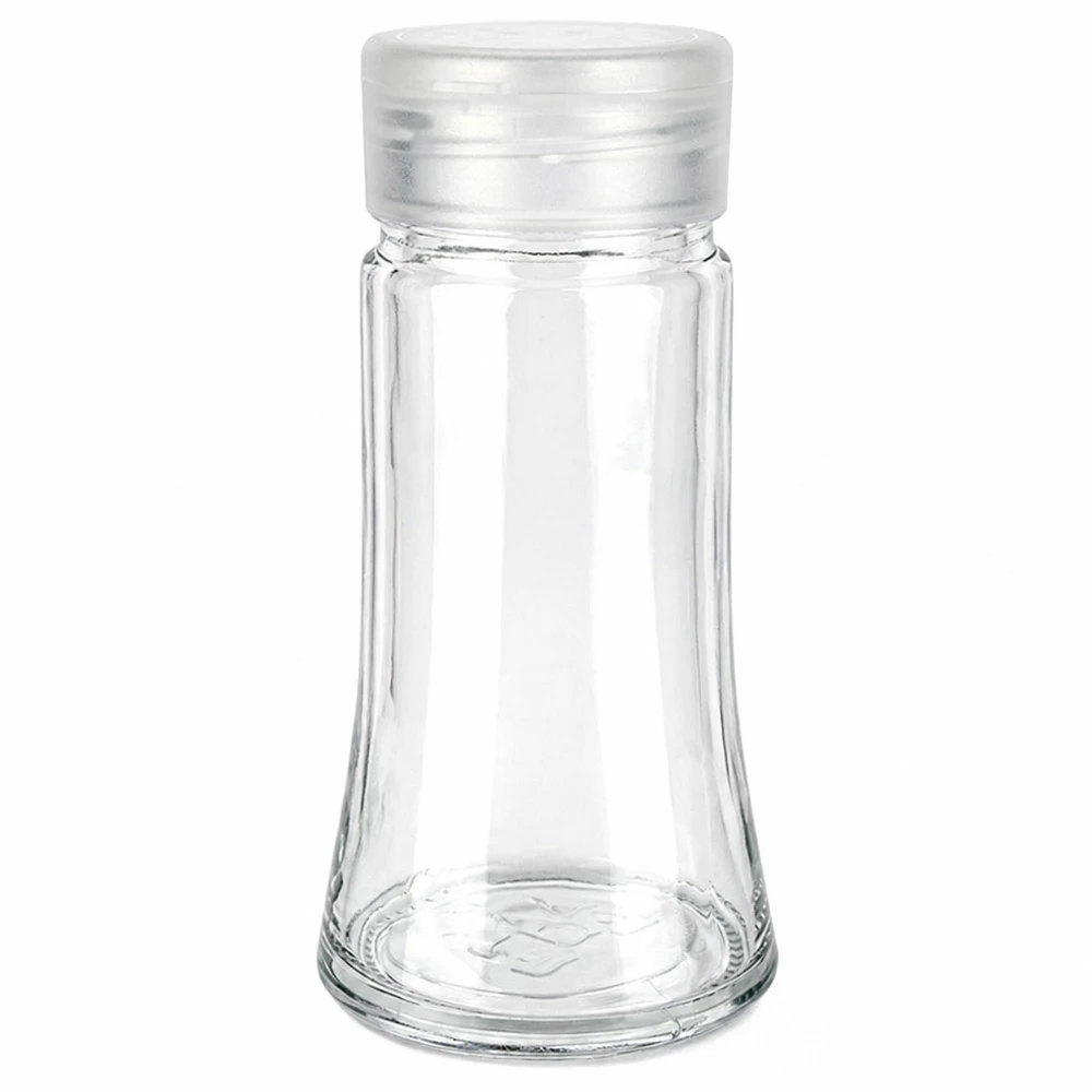 Słoik na sól/przyprawy 95 ml z dozownikiem, biały Pusta szklana solniczka o pojemności 95 ml z białą plastikową pokrywką na białym tle