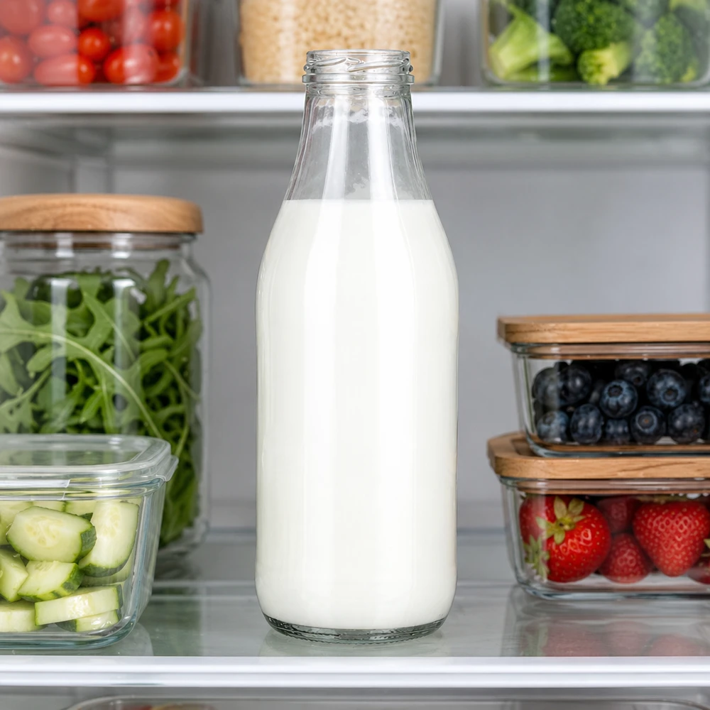 Szklana butelka 1000 ml bez pokrywki (TO48) UNiTWIST. Całkowicie szczelna z dużym otworem. Do mleka, soków i lemoniady. Wymaga pokrywki TO48 Milchflasche 1000ml Glas TO48 UNiTWIST mit frischer Milch im Kühlschrank neben Obst und Gemüse Kücheneinsatz