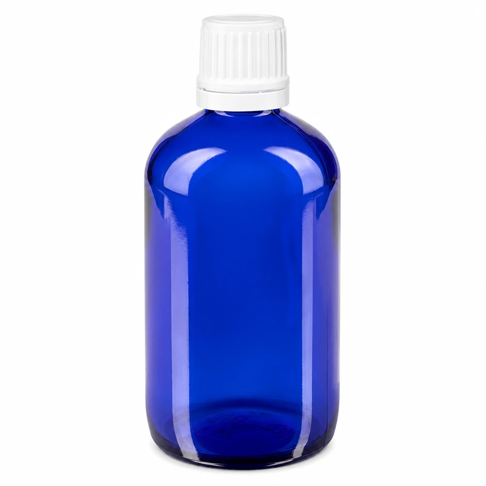 Butelka apteczna niebieska 20ml z kroplomierzem biała KiSi St Niebieska szklana buteleczka apteczna o pojemności 100 ml z białym zamknięciem zabezpieczającym przed dziećmi i kroplomierzem