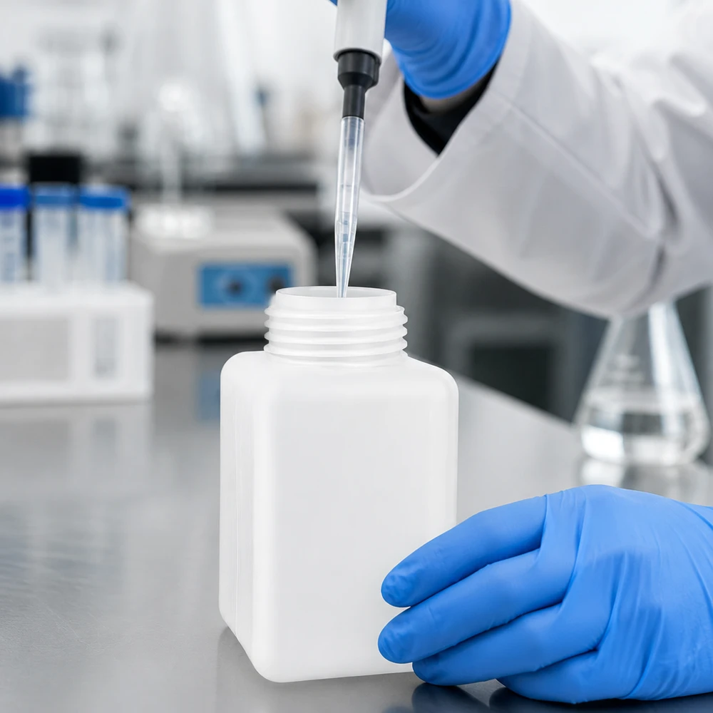 Laborant pipetuje płyn do butelki na chemikalia z PE-HD o pojemności 1000 ml, z szeroką szyjką, w kolorze naturalnym
