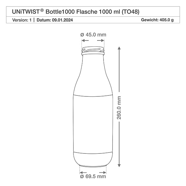 Szklana butelka 1000 ml bez pokrywki (TO48) UNiTWIST. Całkowicie szczelna z dużym otworem. Do mleka, soków i lemoniady. Wymaga pokrywki TO48 Rysunek techniczny 1000ml szklana butelka UNiTWIST o wymiarach 260mm wysokość 45mm otwór na szyjkę gwint TO48