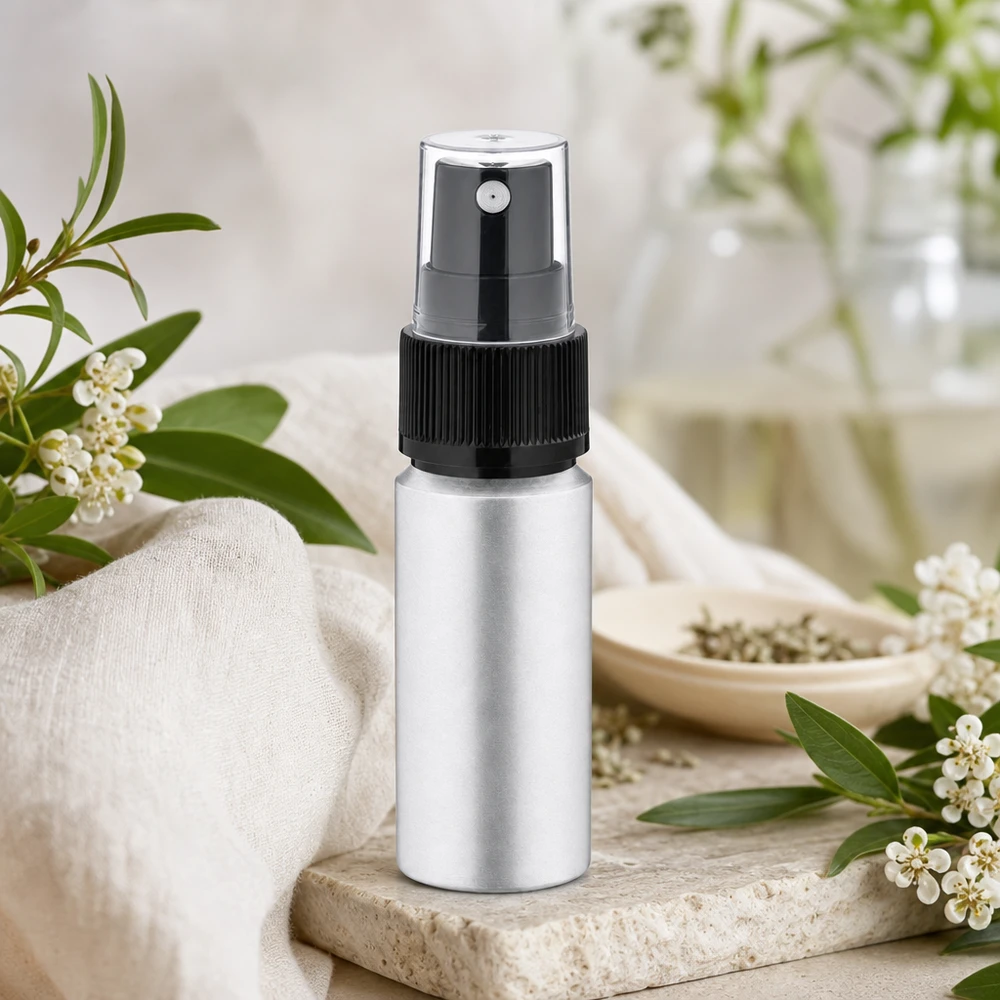 Elegancka aluminiowa butelka o pojemności 20 ml ze szczotkowaną powierzchnią i atomizerem do profesjonalnych produktów kosmetycznych