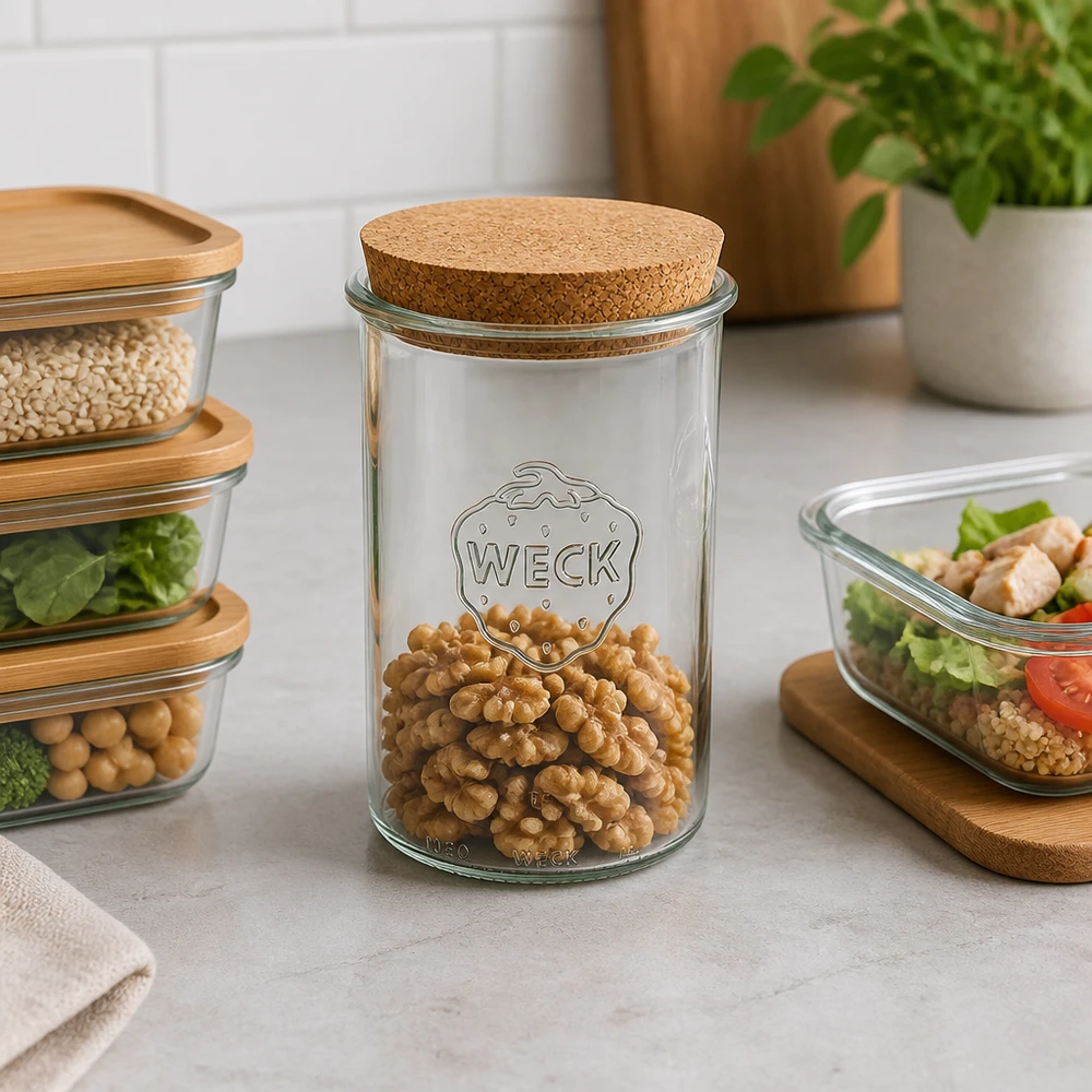 Tumbler 1000ml WECK RR100 z korkiem naturalny WECK Sturzglas RR100 1000ml mit Korkdeckel gefüllt mit Walnüssen moderne Küchenorganisation Vorratshaltung Lifestyle