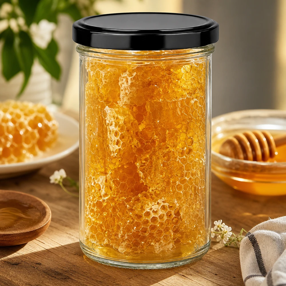 Słoik z pokrywką BasicSeal czarna UN.. 277ml Sturzglas mit Honigwaben gefüllt zeigt praktische Verwendung als Vorratsglas für Naturprodukte