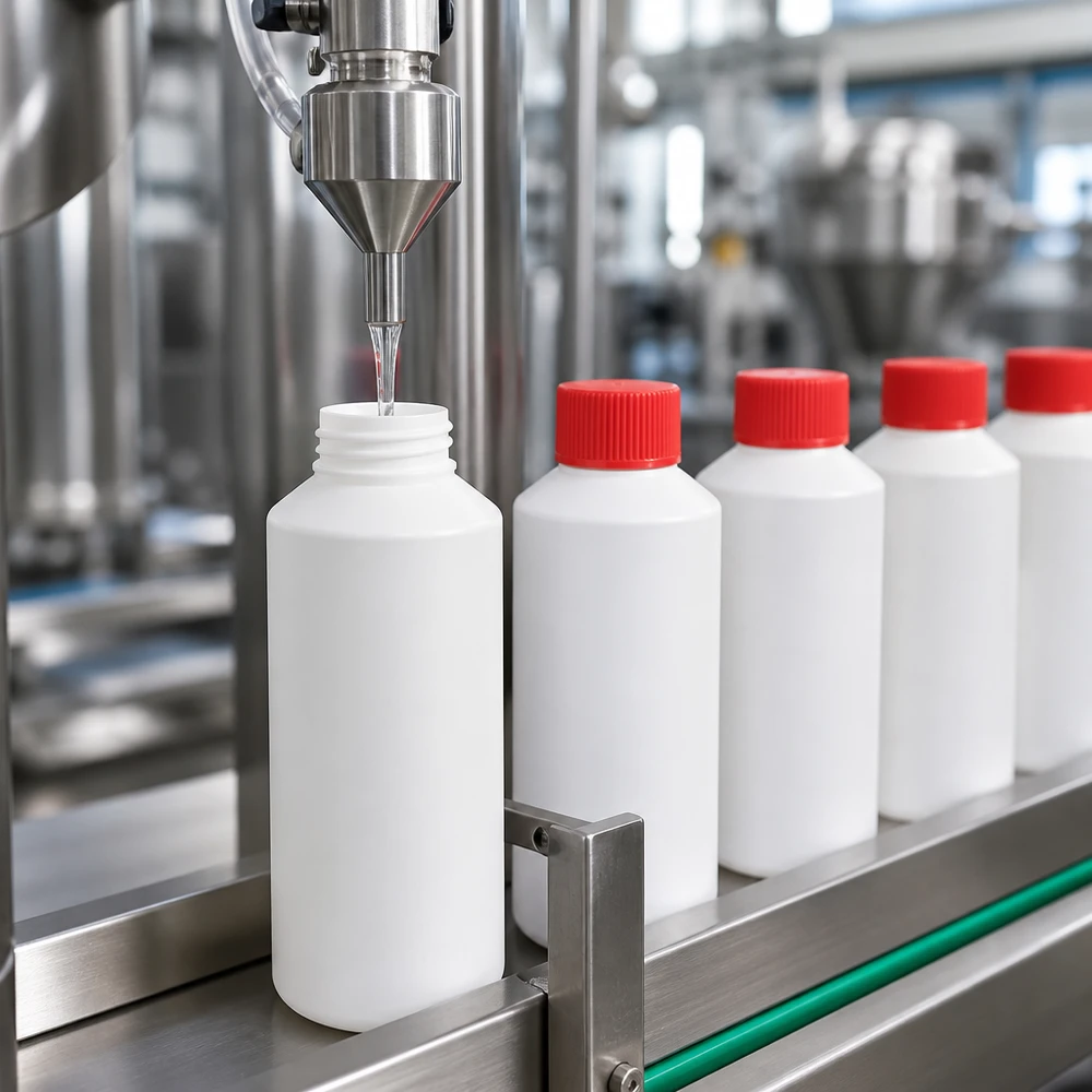 Przemysłowe napełnianie białych butelek aptecznych z HDPE o pojemności 100 ml z czerwonymi zakrętkami na taśmie przenośnikowej