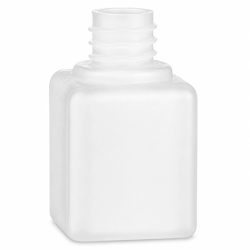 Butelka na chemikalia 20 ml, PE-HD, z wąską szyjką, gwint GL18, kwadratowa, biała, przezroczysta, bez zamknięcia