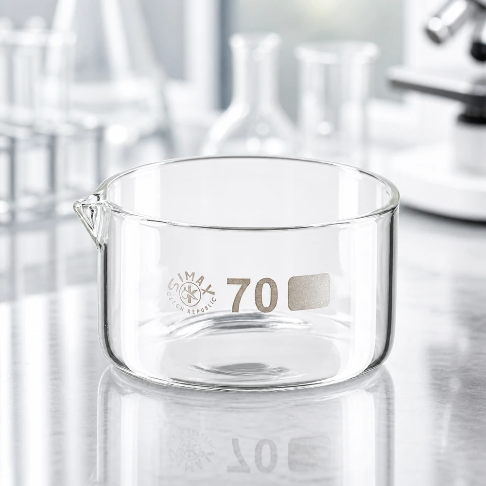 Naczynie do krystalizacji 100 ml z borokrzemianową wylewką Pusta miska krystalizacyjna Simax o pojemności 100 ml, płaska konstrukcja z wylewką, na metalowej powierzchni w laboratorium