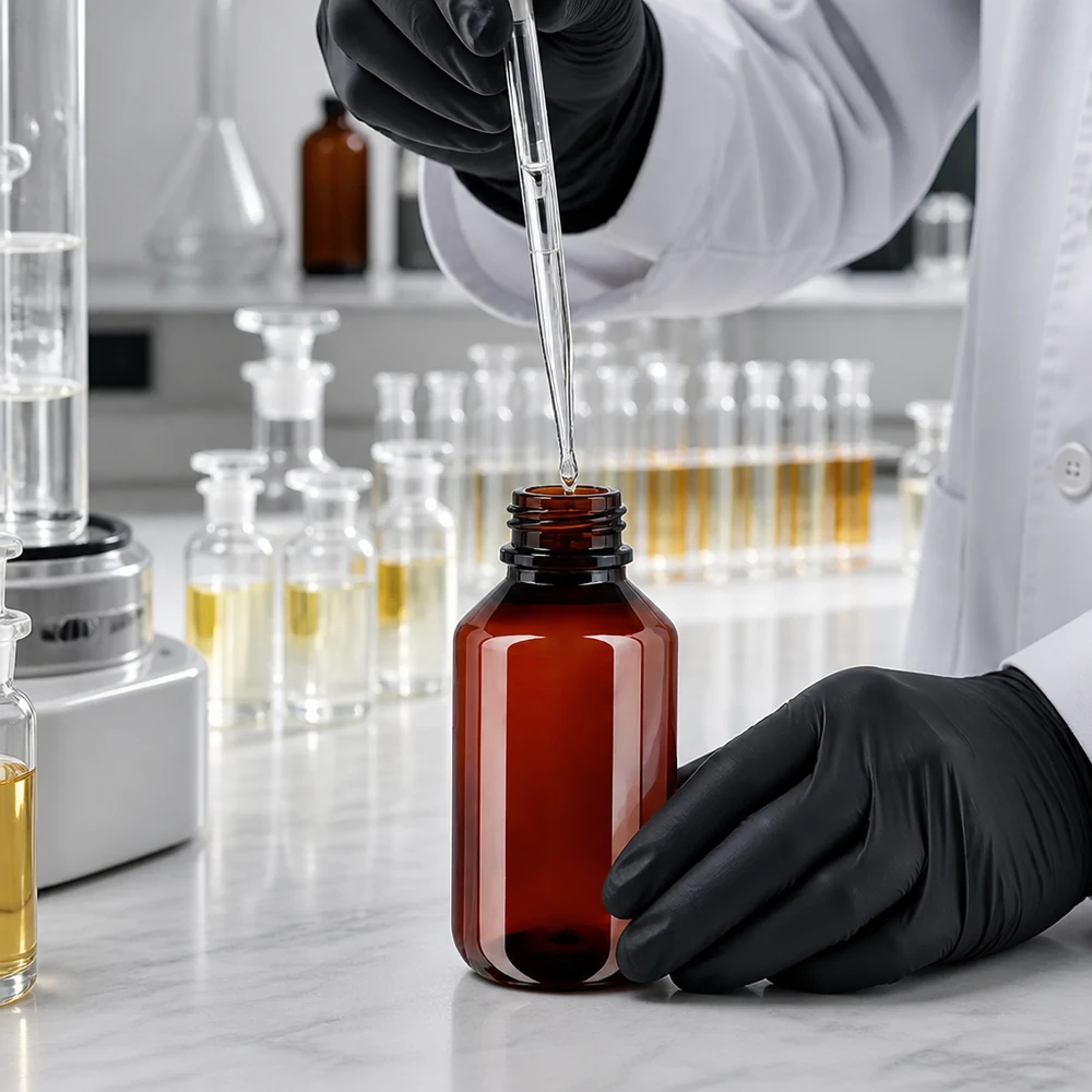Butelka PET 100 ml z brązową nakrętką OV Robuste bernsteinfarbene 100ml Plastikflasche mit OV Verschluss für chemische Laboranwendungen