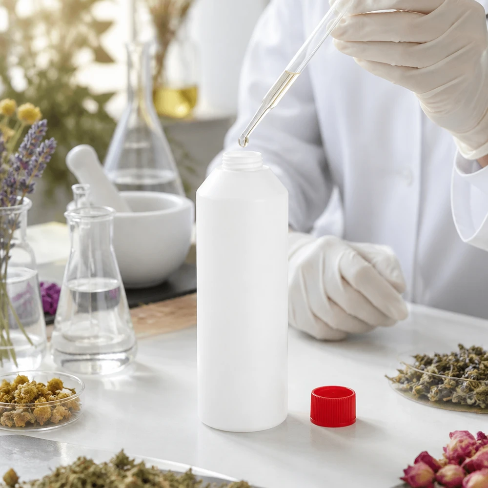 Pipeta napełnia białą butelkę apteczną z HDPE o pojemności 250 ml z czerwoną zakrętką w laboratorium kosmetyków naturalnych