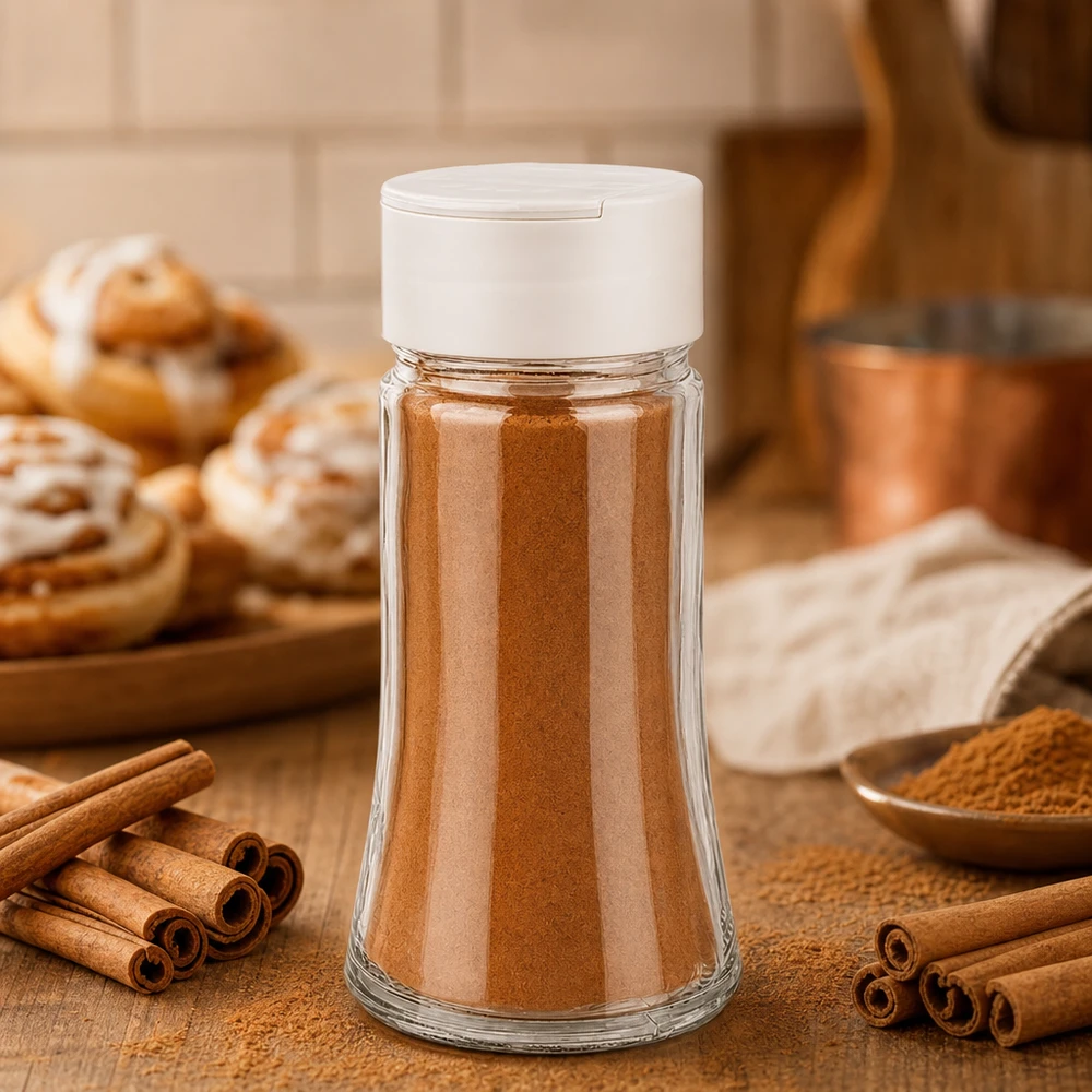 Słoik na sól/przyprawy 95 ml z podwójnym dozownikiem, biały Słoik z cynamonem 95 ml z białą podwójną posypką obok laseczek cynamonowych i bułeczek cynamonowych