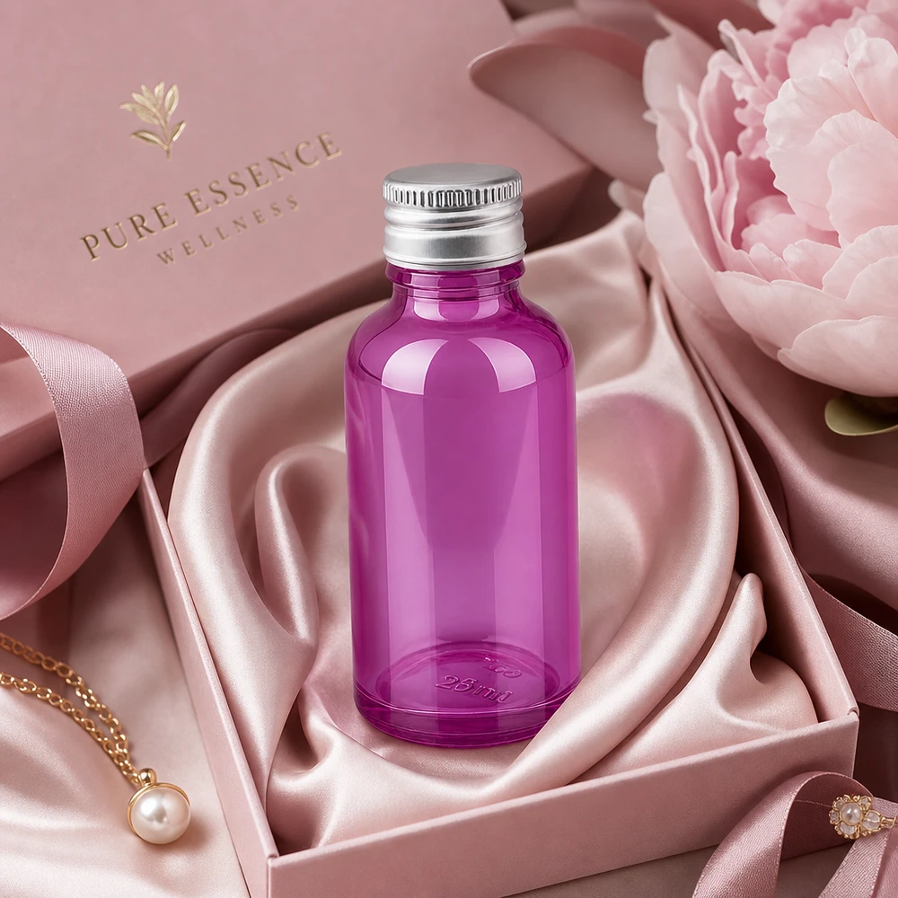 Elegancka fioletowa szklana butelka 30 ml z błyszczącą powierzchnią i wysokiej jakości aluminiowym korkiem