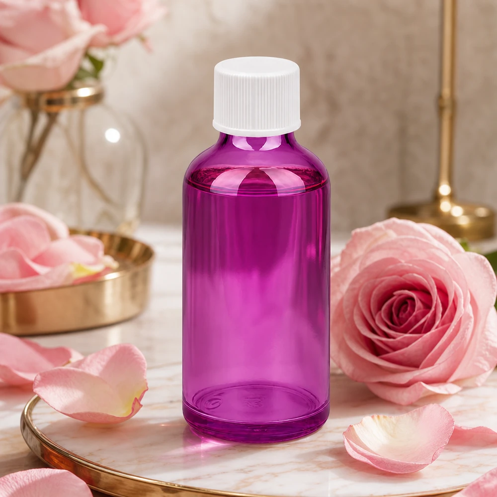 Butelka 50 ml z zakrętką 11 mm, biała, standardowa PurpleLine UT18/50 Wysokiej jakości fioletowa szklana butelka o pojemności 50 ml ze standardowym gwintem do ochrony kosmetyków naturalnych przed promieniowaniem UV