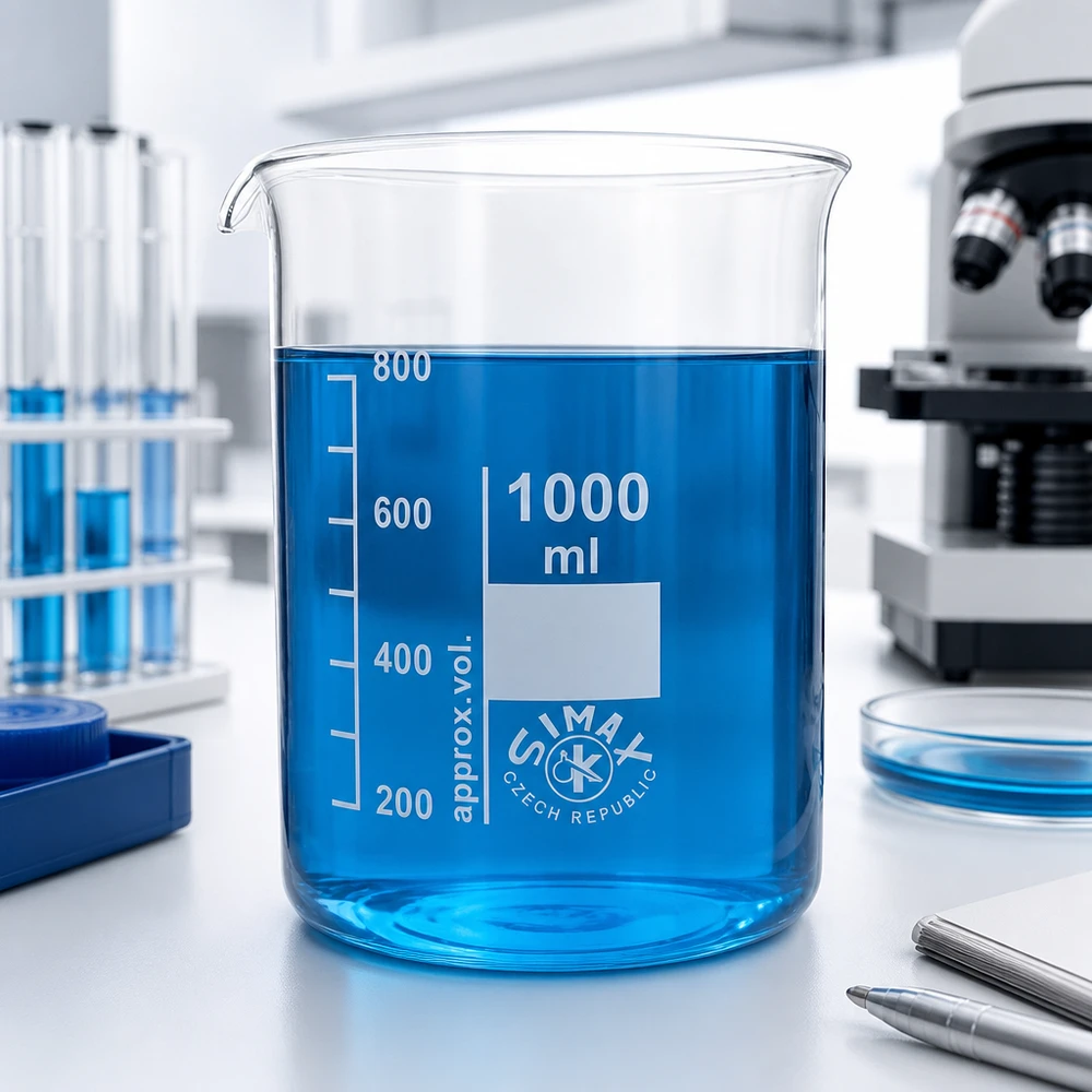 Zlewka 1000 ml ze szkła borokrzemowego, niski kształt Zlewka laboratoryjna 1000 ml ze szkła borokrzemowego w kolorze niebieskim do eksperymentów i analiz chemicznych
