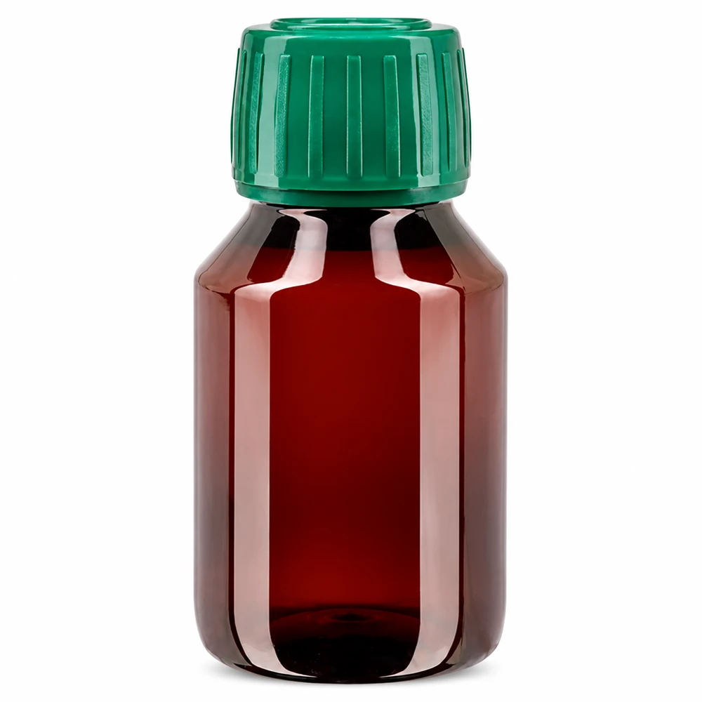 Brązowa butelka PET o pojemności 50 ml z zieloną oryginalną nakrętką, przeznaczona dla branży farmaceutycznej i laboratoryjnej