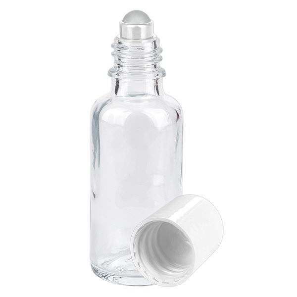 Butelka apteczna przezroczysta 30ml nakrętka roll-on biała Butelka apteczna przezroczysta 30ml nakrętka roll-on biała