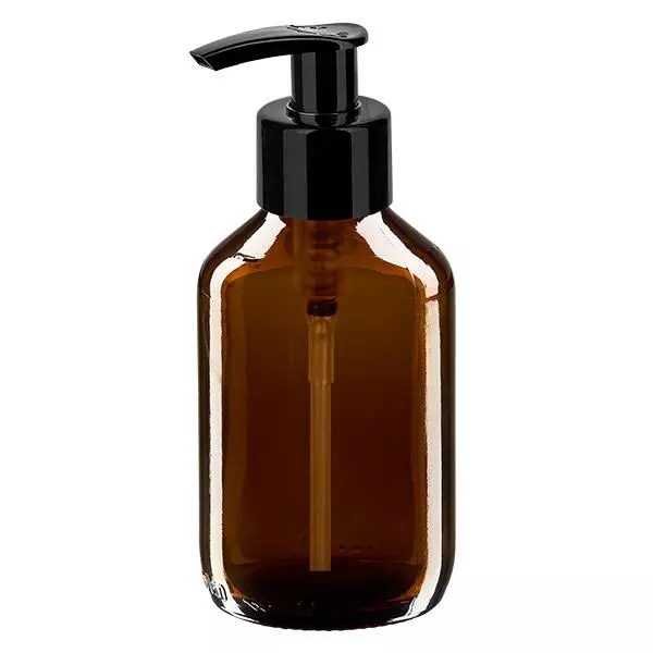 Butelka na lek 150 ml brązowa, z pompką dozującą czarną ApoGlas. Farmaceutyczna jakość produkcji UE. Gwint 28 mm (PP28). (syrop, butelka z lekkiego szkła) Butelka na lek 150 ml brązowa, z pompką dozującą czarną ApoGlas. Farmaceutyczna jakość produkcji UE. Gwint 28 mm (PP28). (syrop, butelka z lekkiego szkła)
