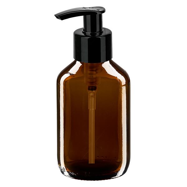 Butelka na lek 150 ml brązowa, z pompką dozującą czarną ApoGlas. Farmaceutyczna jakość produkcji UE. Gwint 28 mm (PP28). (syrop, butelka z lekkiego szkła) Butelka na lek 150 ml brązowa, z pompką dozującą czarną ApoGlas. Farmaceutyczna jakość produkcji UE. Gwint 28 mm (PP28). (syrop, butelka z lekkiego szkła)