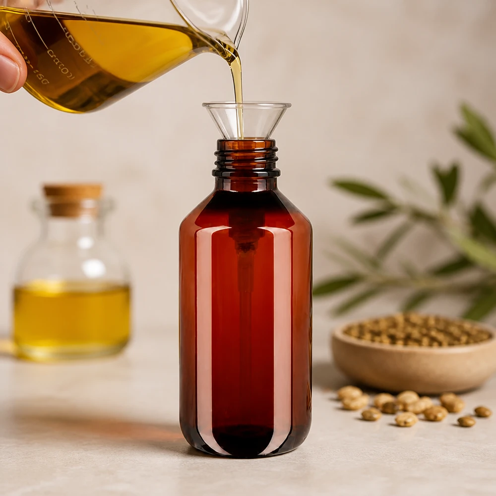 Butelka PET 200ml z pompką dozującą biała Nachhaltige Abfüllung von Pflanzenöl in lichtschuetzende bernsteinfarbene 200ml PET Flasche