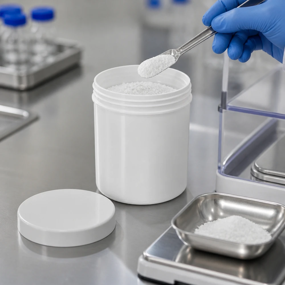 Słoiczek na maść 20g biały z białą zakrętką (PP) Farmaceuta napełnia białą plastikową butelkę z PP o pojemności 20 g z zakrętką białym proszkiem