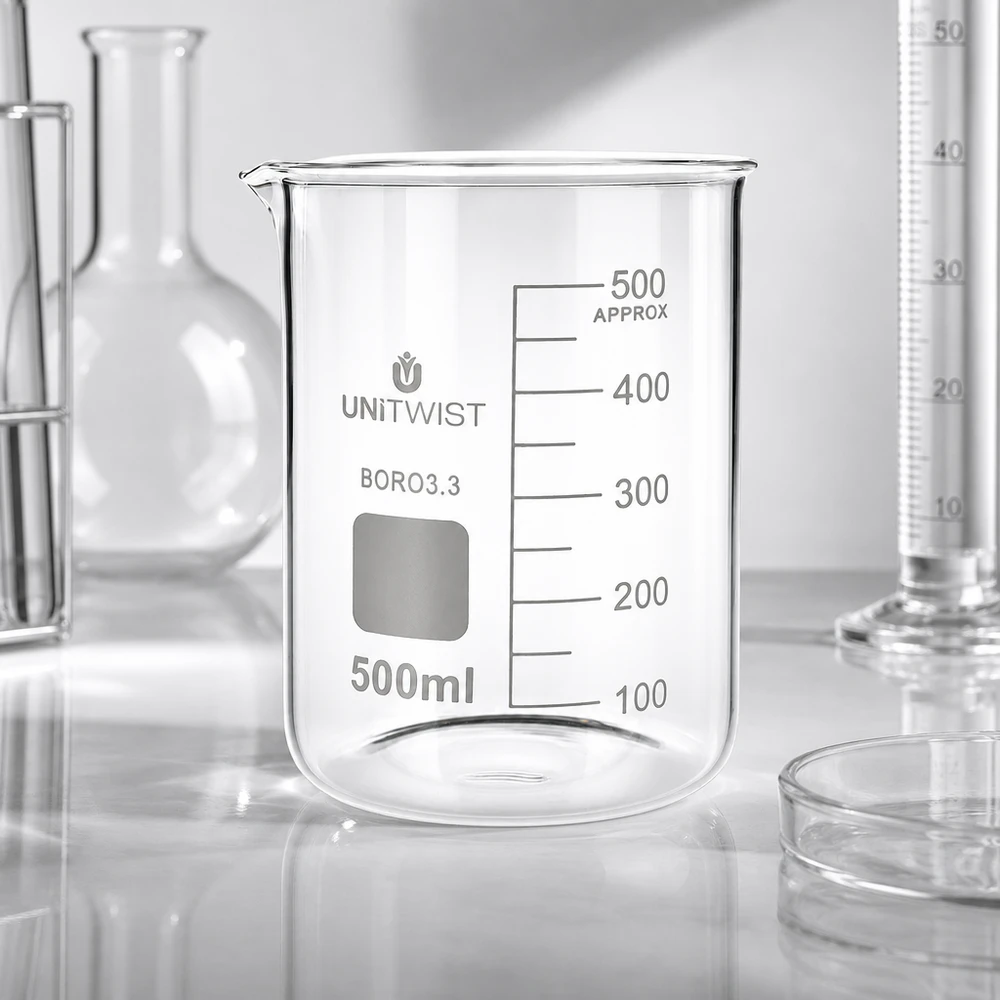 Zlewka 500 ml borokrzemianowa, niski kształt UNiTWIST Szklanka UNiTWIST 500 ml z borokrzemianu BORO3.3 o niskim profilu, otoczona kolbami laboratoryjnymi i cylindrem miarowym