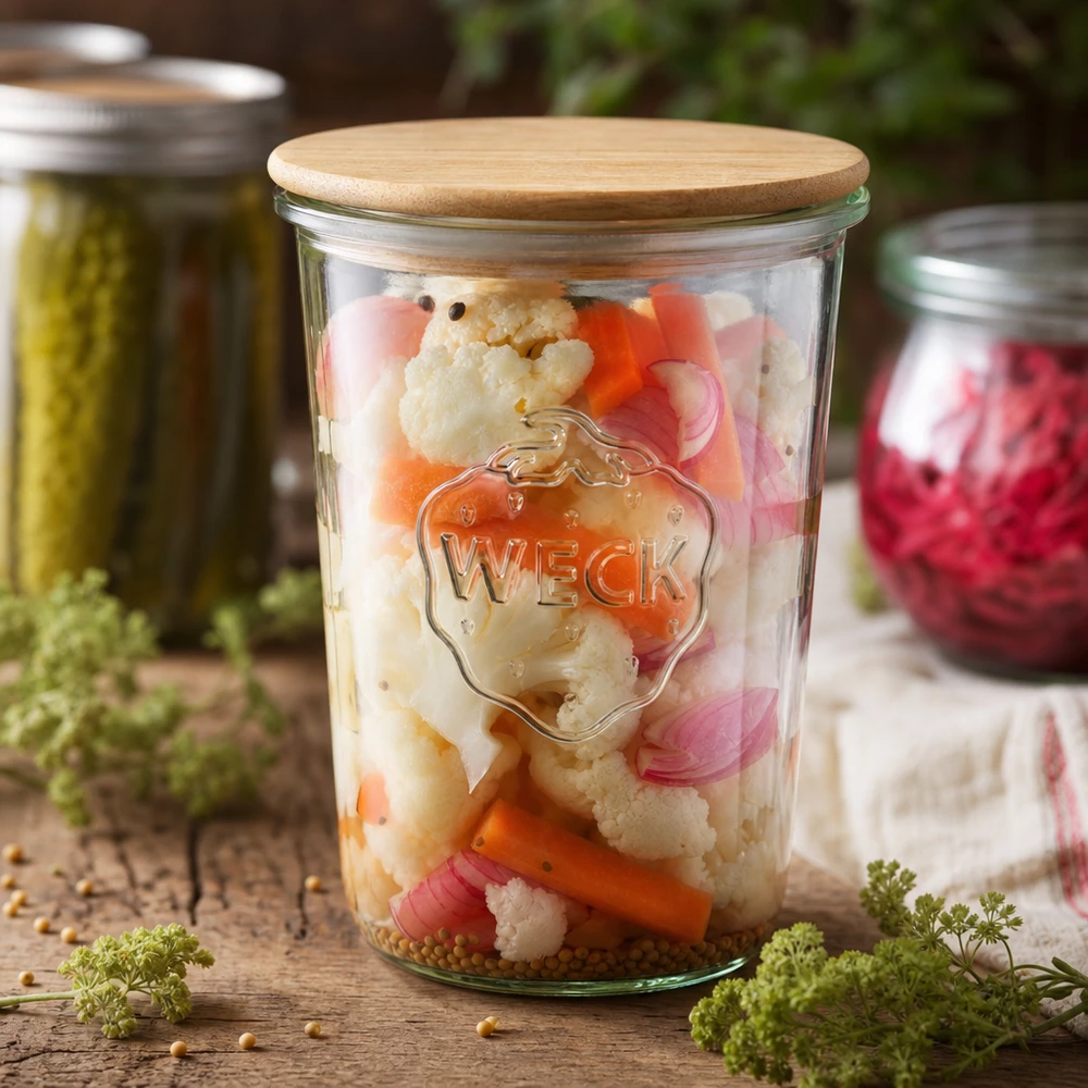 Kubki WECK RR100 o pojemności 850 ml z drewnianą pokrywką WECK słoik do przetworów 850ml RR100 z kiszonymi warzywami kalafior marchew cebula fermentowana żywność drewniana pokrywka
