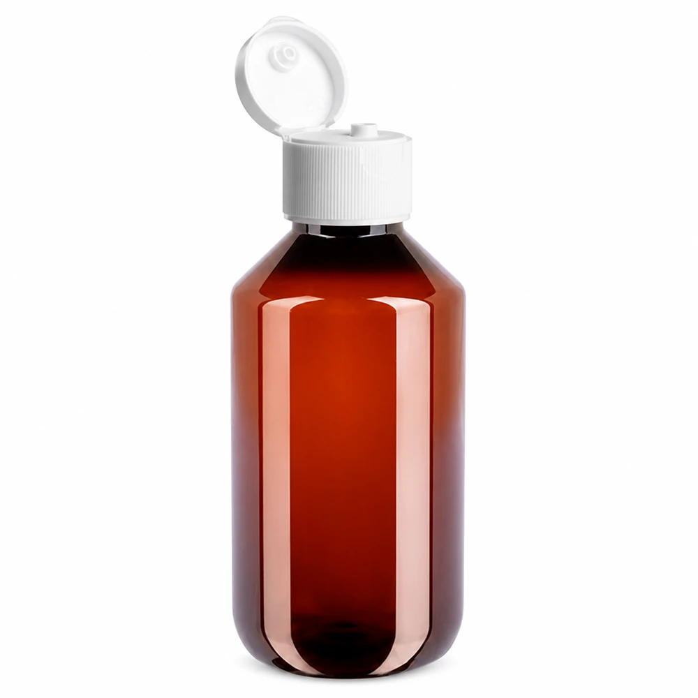 Butelka PET o pojemności 200 ml w kolorze bursztynowym z białym klapkowym zamknięciem, wykonana z lekkiego tworzywa sztucznego
