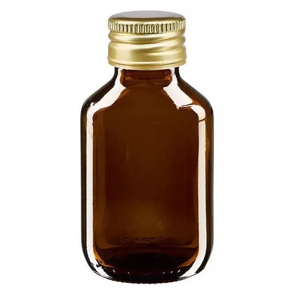 Butelka na lek 100 ml, brązowa, ze złotą aluminiową zakrętką ApoGlas. Farmaceutyczna jakość produkcji UE. Gwint 28 mm (PP28). (syrop, butelka z lekkiego szkła) Butelka na lek 100 ml, brązowa, ze złotą aluminiową zakrętką ApoGlas. Farmaceutyczna jakość produkcji UE. Gwint 28 mm (PP28). (syrop, butelka z lekkiego szkła)