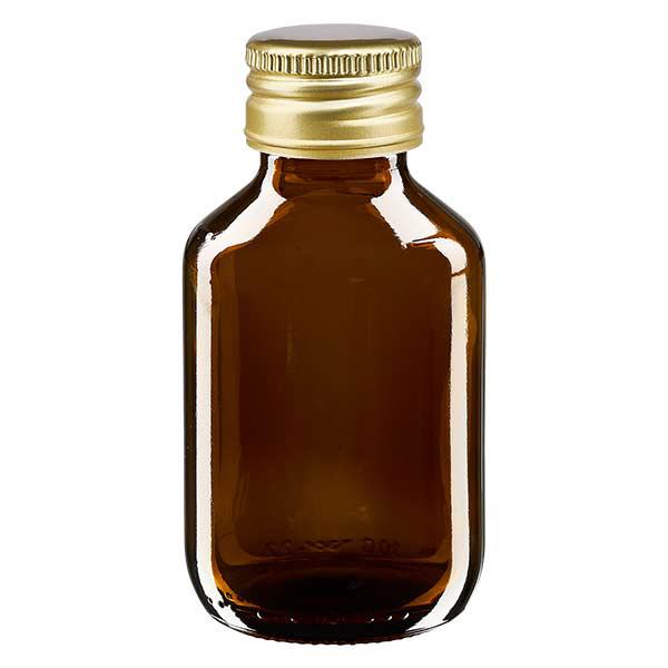 Butelka na lek 100 ml, brązowa, ze złotą aluminiową zakrętką ApoGlas. Farmaceutyczna jakość produkcji UE. Gwint 28 mm (PP28). (syrop, butelka z lekkiego szkła) Butelka na lek 100 ml, brązowa, ze złotą aluminiową zakrętką ApoGlas. Farmaceutyczna jakość produkcji UE. Gwint 28 mm (PP28). (syrop, butelka z lekkiego szkła)