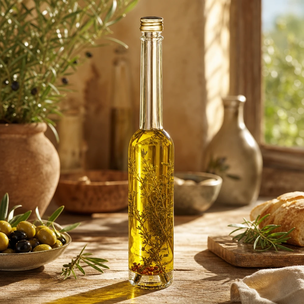 100ml Glasflasche Toni mit Olivenöl und Kräutern - UNiTWIST Goldverschluss in mediterraner Küche mit Oliven und Brot