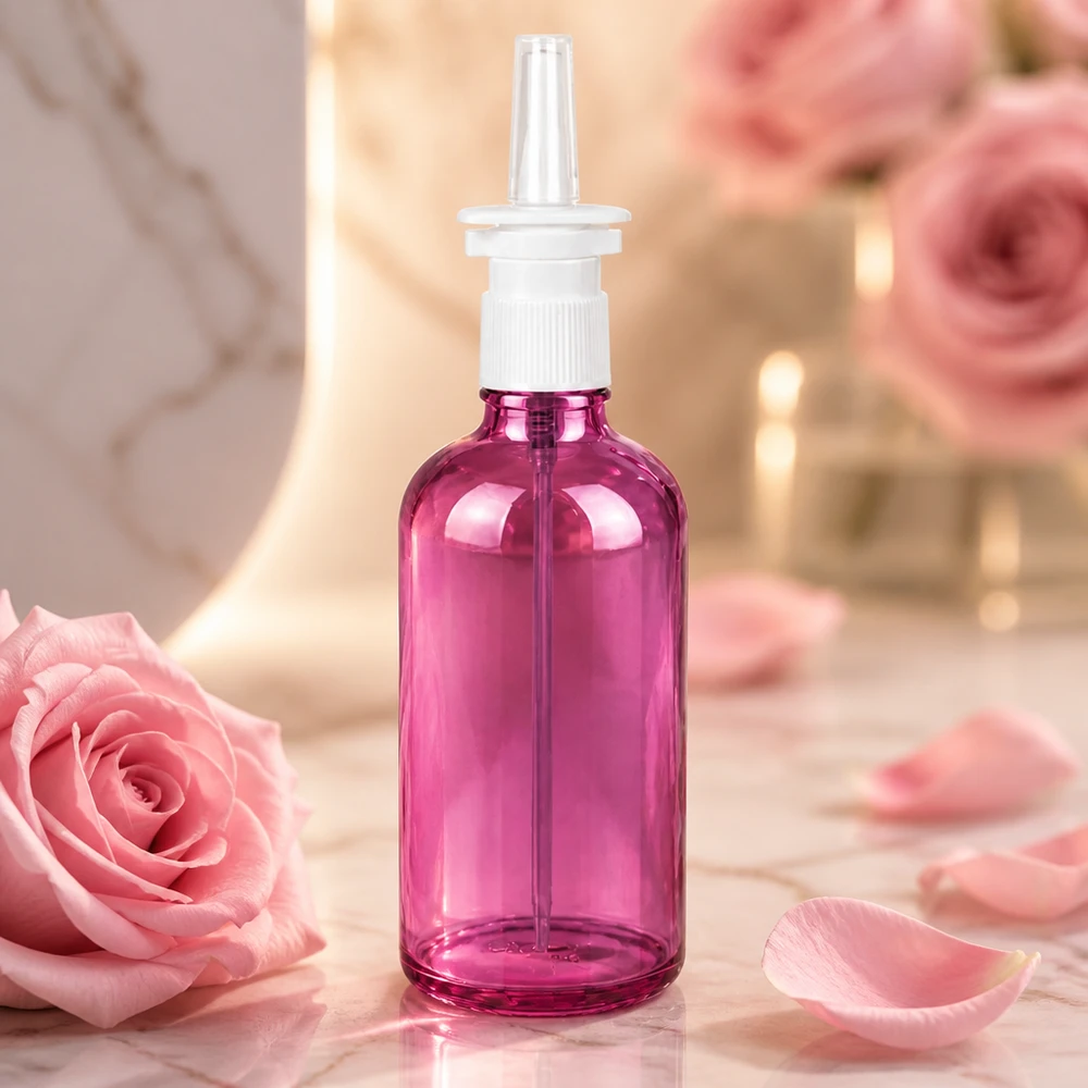 Butelka z rozpylaczem do nosa 100 ml biała/przezroczysta standardowa PurpleLine UT18/100 Fioletowa szklana butelka 100 ml z pompką rozpylającą do aerozoli do nosa i roztworów medycznych PurpleLine