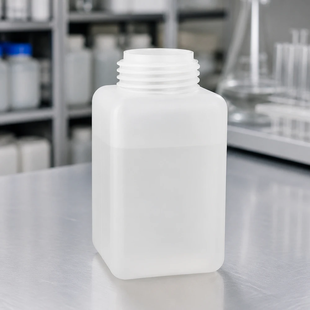 Butelka na chemikalia o pojemności 1000 ml, wykonana z PE-HD, z wąską szyjką, w kolorze naturalnym, półprzezroczysta, z szerokim gwintem śrubowym, do zastosowań laboratoryjnych