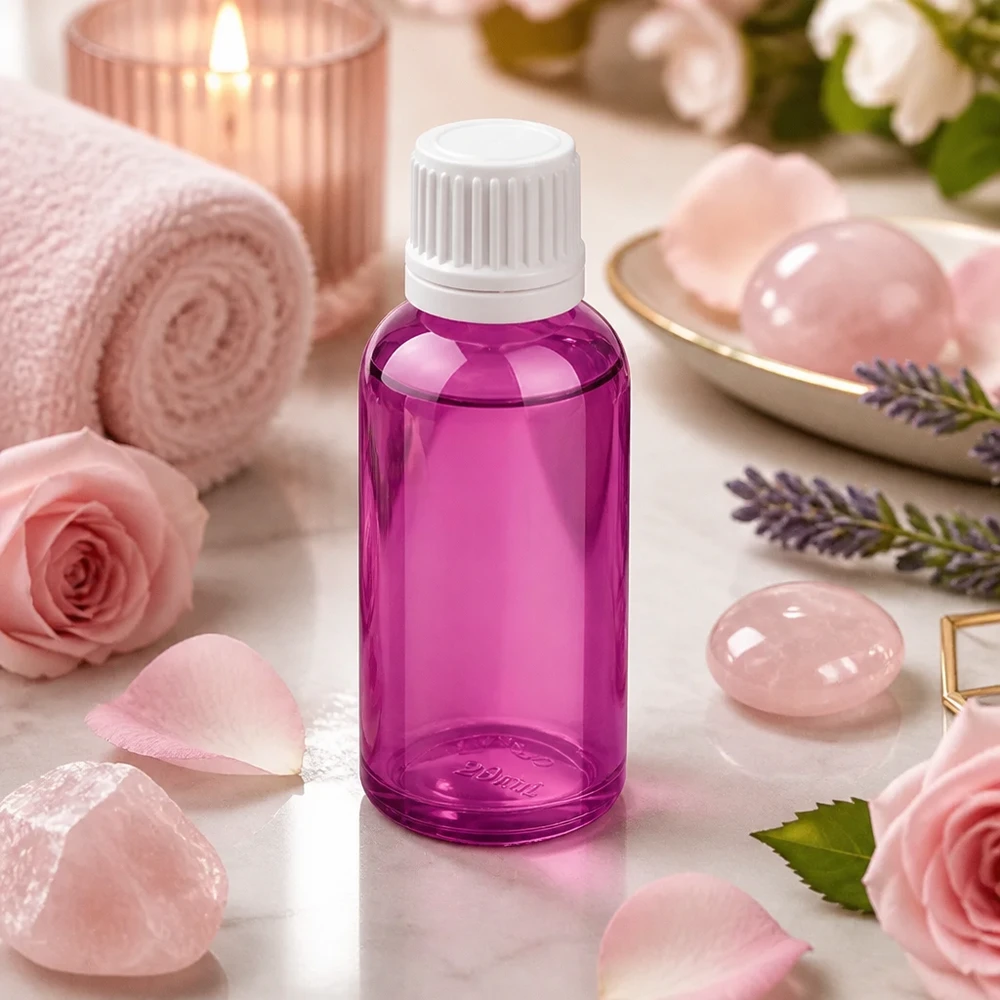 Butelka z zakraplaczem 30 ml 0,7 mm biała zakrętka Originality PurpleLine UT18/30 30 ml butelka z zakraplaczem wykonana z wysokiej jakości szkła z precyzyjnym otworem 0,7 mm do produktów kosmetycznych