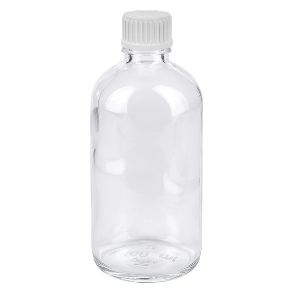 Butelka z kroplomierzem 100 ml 0,9 mm biały STD ClearLine UT18/100 Butelka z kroplomierzem o pojemności 100 ml, z przezroczystego szkła, z białym zakrętką ClearLine UT18, przeznaczona do zastosowań farmaceutycznych