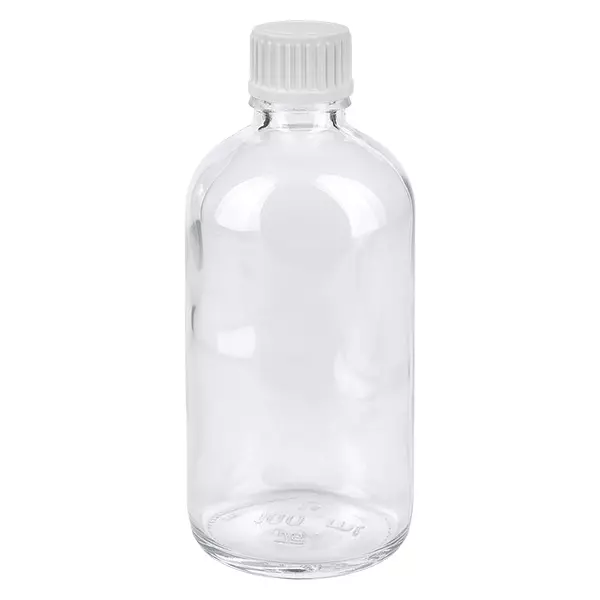 Butelka z kroplomierzem 100 ml 0,9 mm biały STD ClearLine UT18/100 Butelka z kroplomierzem o pojemności 100 ml, z przezroczystego szkła, z białym zakrętką ClearLine UT18, przeznaczona do zastosowań farmaceutycznych