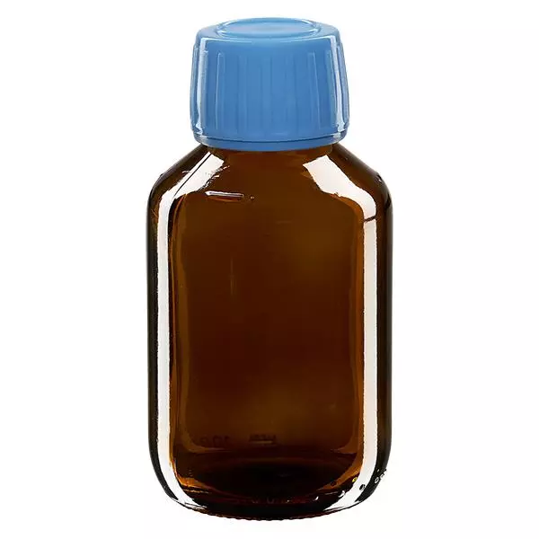 Butelka na lek 100 ml brązowa, niebieska zakrętka z pierścieniem ApoGlas. Farmaceutyczna jakość produkcji UE. Gwint 28 mm (PP28). (syrop, butelka z lekkiego szkła) Butelka na lek 100 ml brązowa, niebieska zakrętka z pierścieniem ApoGlas. Farmaceutyczna jakość produkcji UE. Gwint 28 mm (PP28). (syrop, butelka z lekkiego szkła)