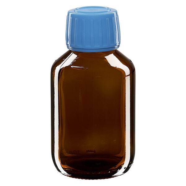 Butelka na lek 100 ml brązowa, niebieska zakrętka z pierścieniem ApoGlas. Farmaceutyczna jakość produkcji UE. Gwint 28 mm (PP28). (syrop, butelka z lekkiego szkła) Butelka na lek 100 ml brązowa, niebieska zakrętka z pierścieniem ApoGlas. Farmaceutyczna jakość produkcji UE. Gwint 28 mm (PP28). (syrop, butelka z lekkiego szkła)