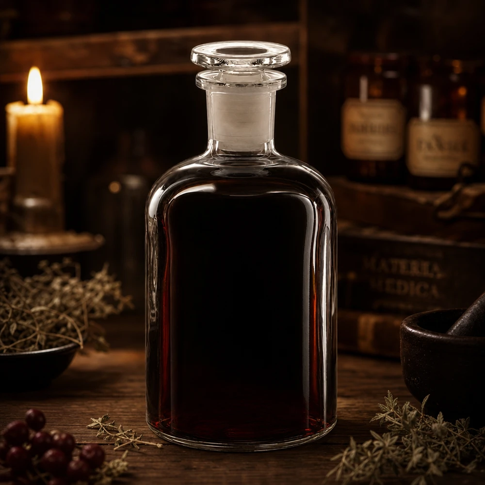 Historyczna butelka aptekarska o pojemności 250 ml, z przezroczystego szkła, z szklanym korkiem, przeznaczona do nalewek i eliksirów
