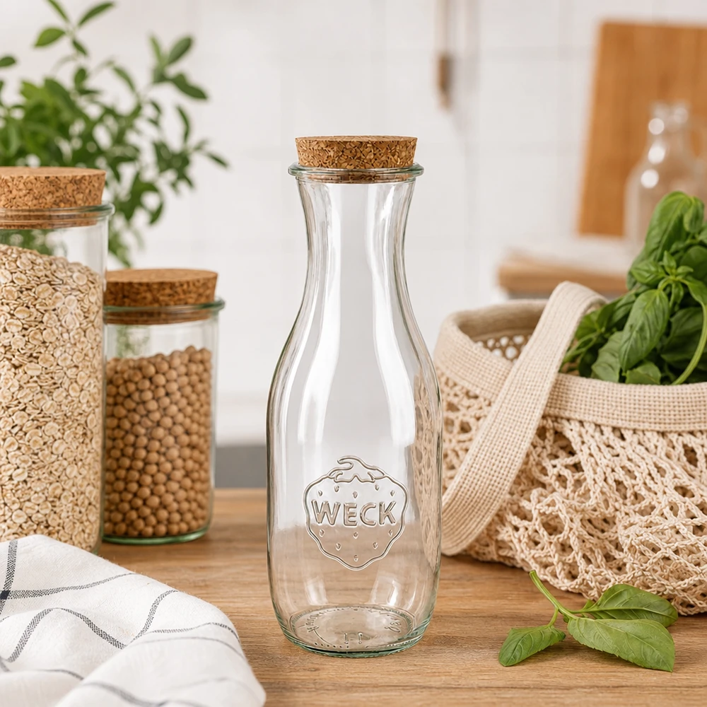 Butelka na sok WECK 1062 ml RR60 z naturalnym korkiem w zrównoważonej kuchni zero waste obok słoików do przechowywania i worków jutowych