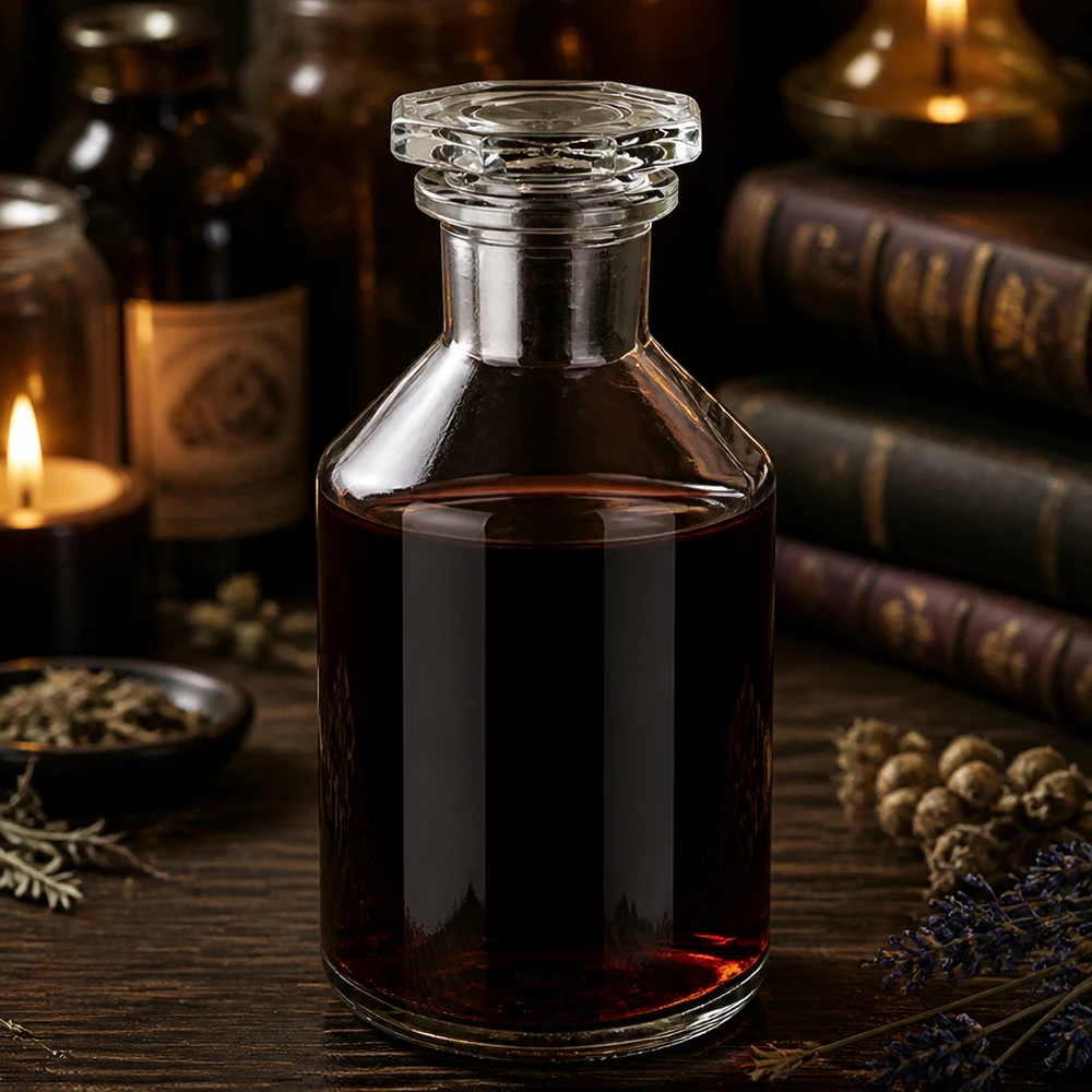 Butelka z wąską szyjką i przezroczystym korkiem o pojemności 50 ml Ciemna nalewka w przezroczystej butelce o pojemności 50 ml z zaokrąglonym dnem i fasetowanym szklanym korkiem w blasku świec
