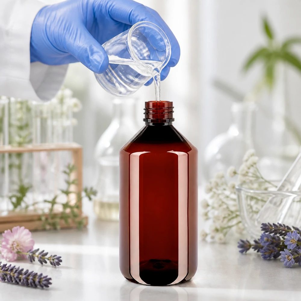 Butelka PET 750 ml z czerwoną nakrętką OV Laborant napełnia brązową butelkę PET o pojemności 750 ml z czerwonym zakrętkiem płynem