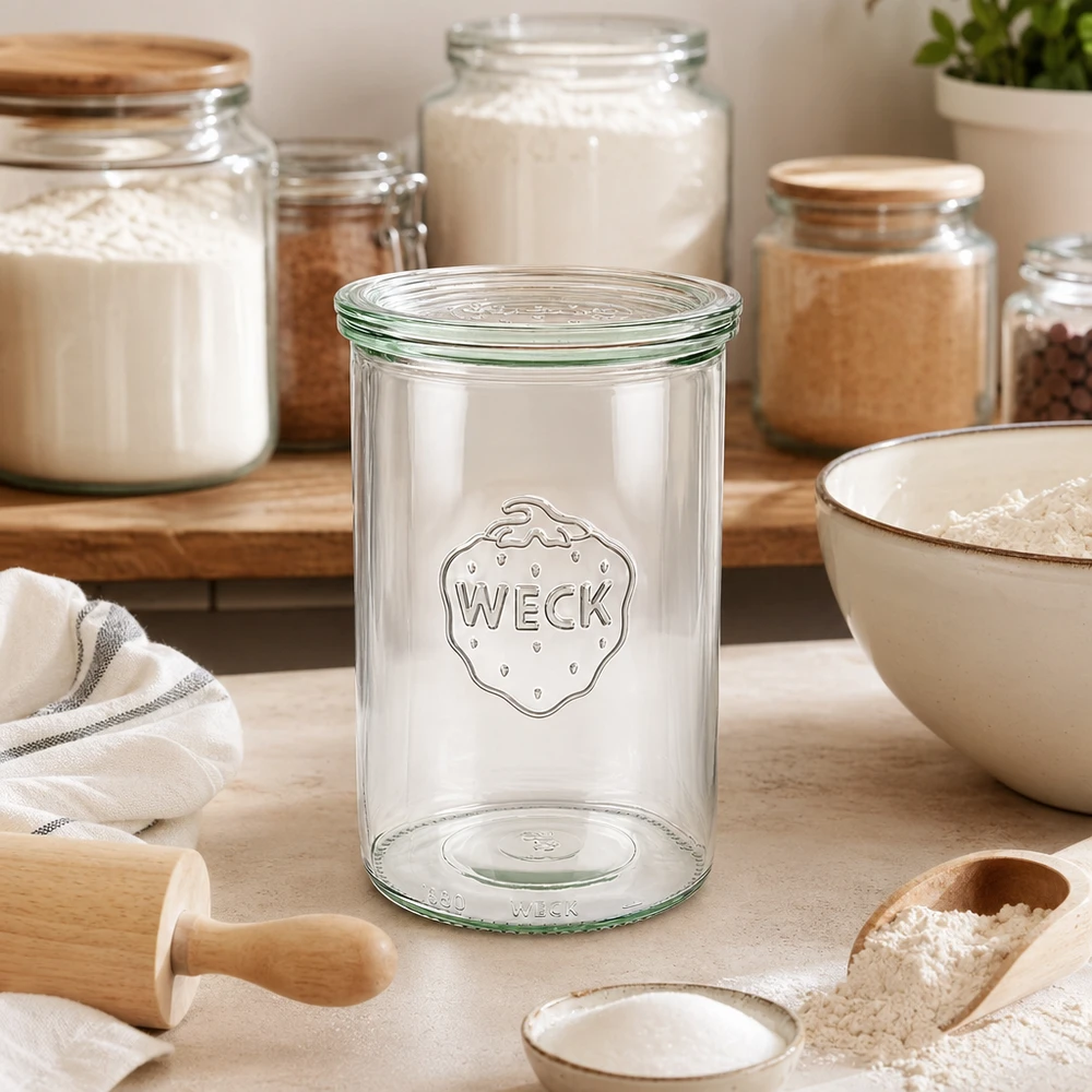WECK kubki 1000ml RR100 puste w jasnej kuchni między słoikami do przechowywania mąki i przyborów do pieczenia do pieczenia