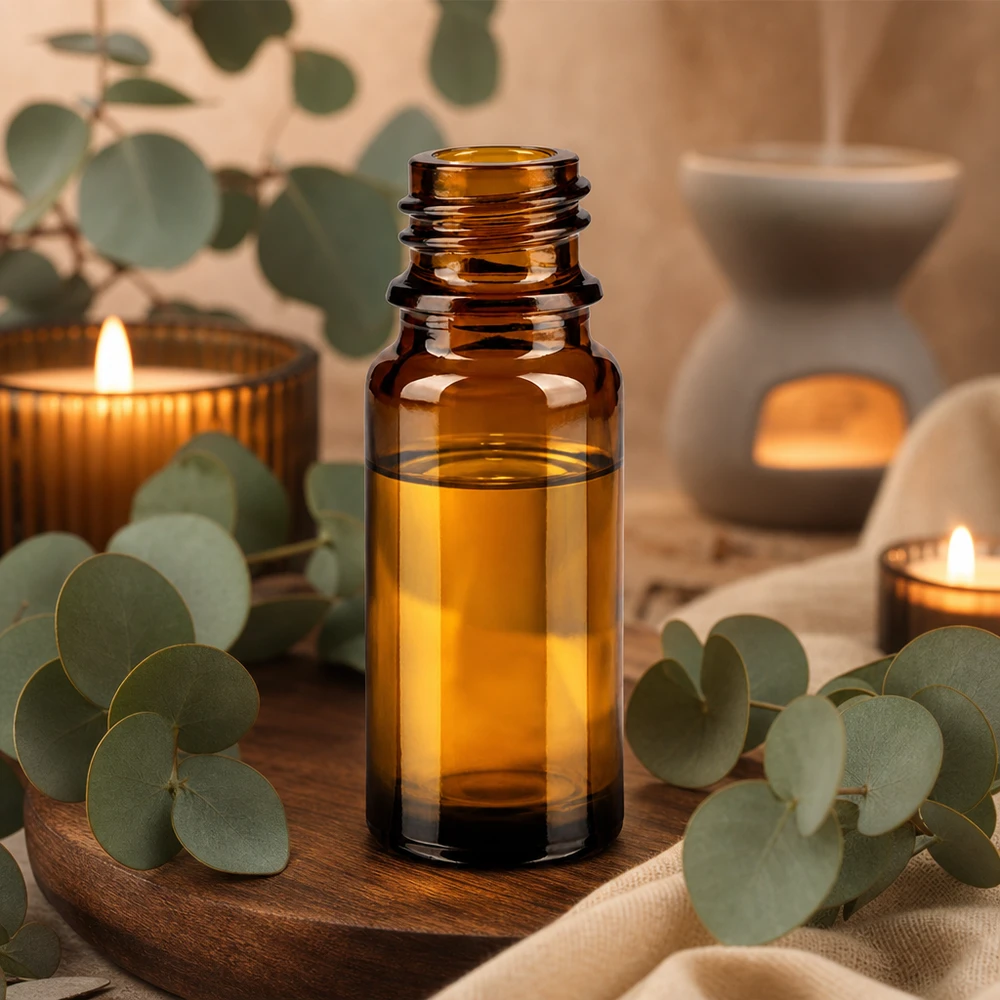 10 ml butelka z brązowego szkła ApoGlas do aromaterapii z eukaliptusem i świecami w naturalnej atmosferze spa