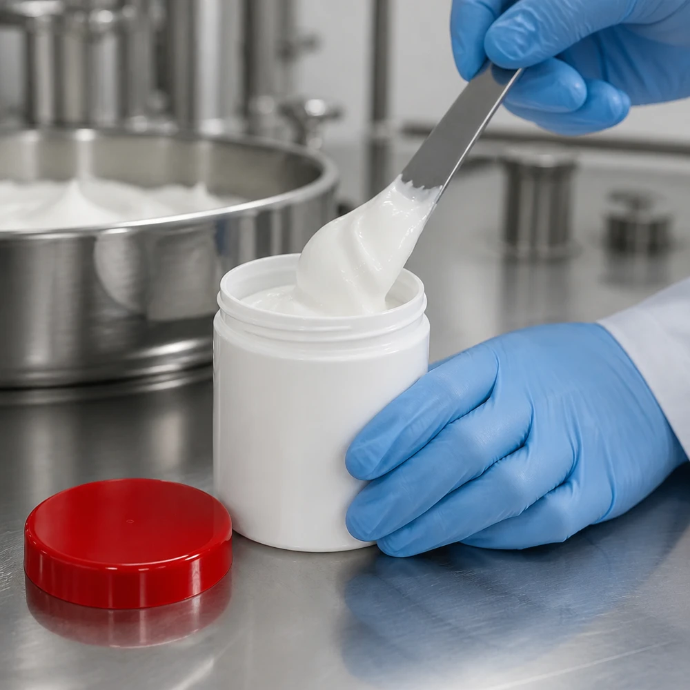 Słoik na maść 75g biały z czerwoną zakrętką (PP) Napełnianie w laboratorium słoiczka z PP o pojemności 75 g maścią medyczną