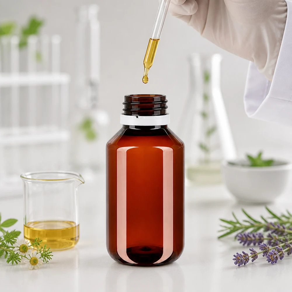 Butelka PET 50 ml z białym karbowanym OV Brązowa plastikowa butelka z pipetą w otoczeniu laboratoryjnym i ziołami