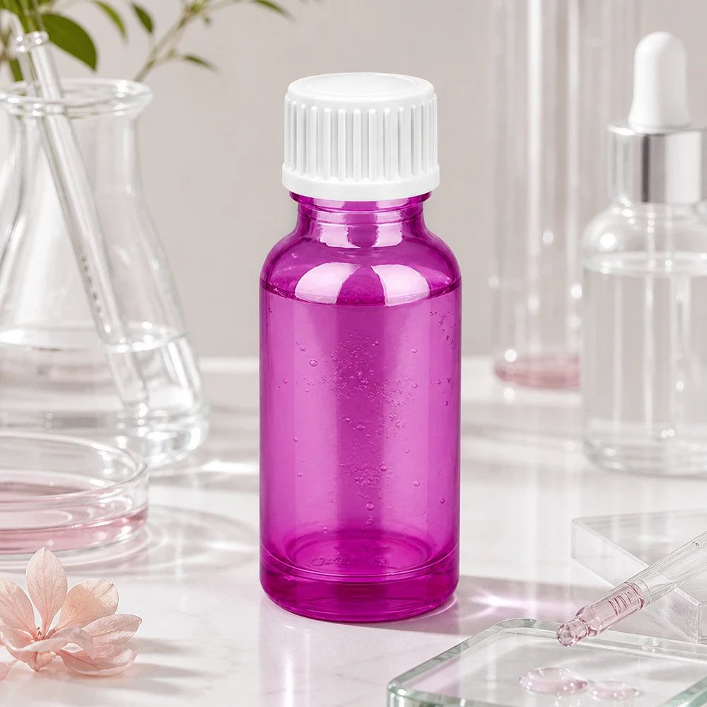 Butelka 20ml (kuleczka) 3mm pierścień nalewowy biały standardowy PurpleLine.UT18/20 Kompaktowa szklana butelka o pojemności 20 ml w żywym fioletowym kolorze do precyzyjnego dozowania serum i olejków.