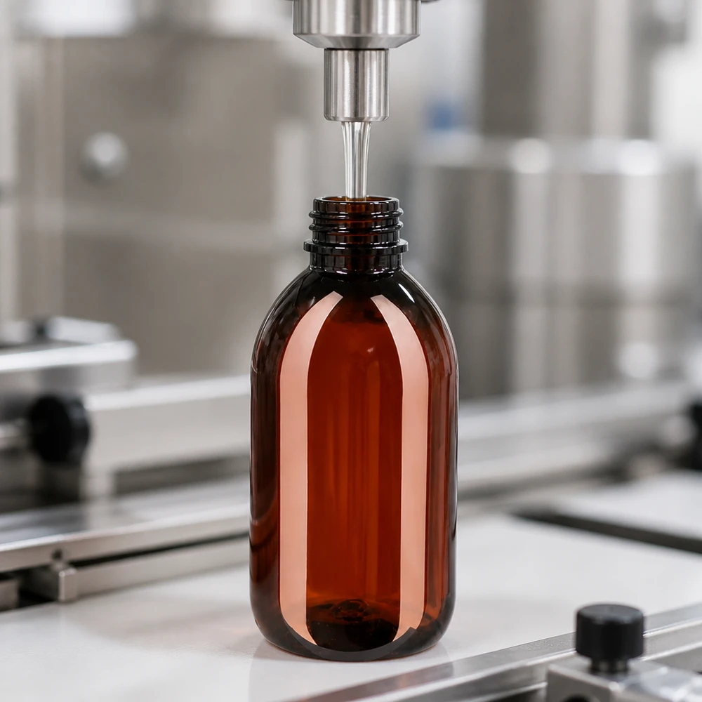 Butelka PET 250ml z zieloną nakrętką OV Linia rozlewnicza automatycznie napełnia brązowe butelki PET o pojemności 250 ml z zielonym zamknięciem zabezpieczającym