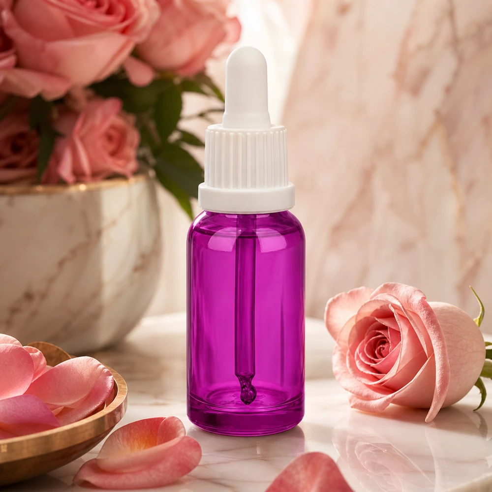 Elegancka 20 ml butelka z pipetą w kolorze fioletowym z białym zakraplaczem do produktów kosmetycznych